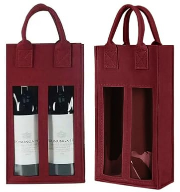 WyndShades Double Wine Bag with Window – Reusable Red Felt Wine Carrier Tote Bag with Handle, Perfect for Gift Wrap, Party Favors, Travel & Camping, Gift for Wine Lovers (1pc)