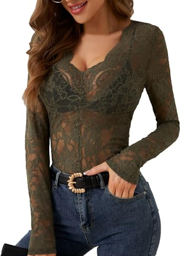 AIEOE Mujeres Blusa Floral Patrón Señoras Tops Sexy Cuello en V Sheer Encaje Malla Top Tamaño M Verde