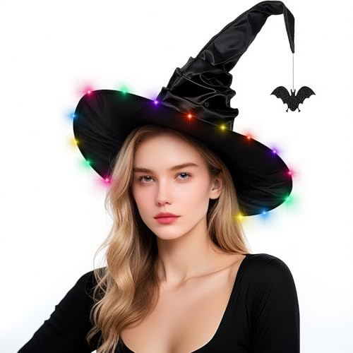 23GUANYI LED Hexenhut Damen, Großer Schwarzer Hexen Hut Halloween Deko Breite Krempe Spitz Leuchtend Witch Hat Halloween Kostüm Hexen Accessoires für Frauen Party Cosplay Maskenball