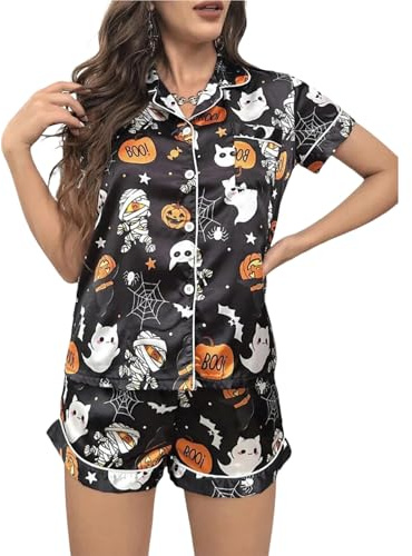 Qianderer Womens Pajamas Set Graphic Print Short Sleeve Button Down 2 Piece Silk Pjs Shorts Set Loungewear Sets Sleepwear (Ba Black, S)