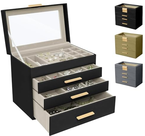 CeiBand Schmuckkästchen für Damen, Groß Schmuckbox 4 Ebenen Modern Schwarz | Schmuckkästchen Schmuckständer Aufbewahrungsbox für Ringe, Ohrringe, Halsketten, Schmuckaufbewahrung, Geschenke für Damen