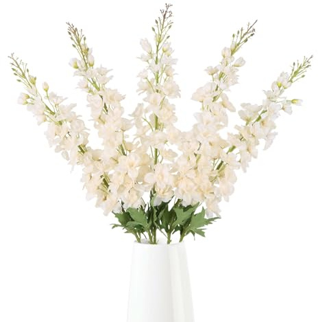 IPOPU 40 Delphinium Artificial Flowers 5PCS Faux Delphinium Larkspur Silk Flowers Long Stem Artificial Flowers for Home Wedding Floral Arrangement Centerpiece Decor(Champagne)