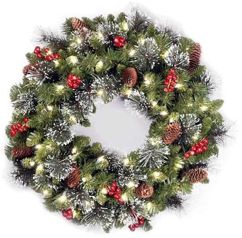 45CM Weihnachtskranz mit 20 LEDs Laterne Kugeln Beeren - Pre-lit Türkranz Weihnachten Dekor Haustür Innen Außen Festliche Deko (Grün-B)