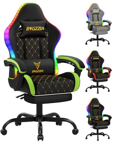 Bigzzia Gaming Stuhl mit Led, Ergonomischer Gaming Chair aus PU-Leder Grün | Gamer Sessel mit Lendenwirbelstütze & Fußstütze, verstellbar und drehbar, 150kg belastbar,PC-Stuhl für Erwachsene und Jungen