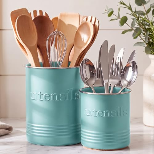FoldTier 2 Pack Kitchen Utensil Holder for Counter 6.7+4.7 Farmhouse Cooking Utensil Crock with Cork Bottom Modern Farmhouse Decors Countertop Storage Organizer Caddy Housewarming Gift(Turquoise)