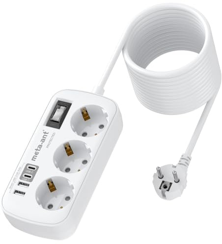 Verlängerungskabel 5M mit USB 3.4A 17W, 3 Fach steckdosenleiste mit überspannungsschutz 4000W, Socket with 4 USB (2 USB-C), Steckdosenleiste Wandmontage für Heim Büro, Weiß