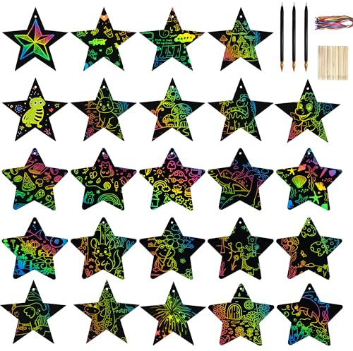 24PCS Scratch Art Kit, Rainbow Scratch Paper, DIY Scratch Art Set with Cards and Stylus, Party Bag Fillers and Party Favors for Classroom, Home, Travel, Creative Star Designs and Drawing Activities