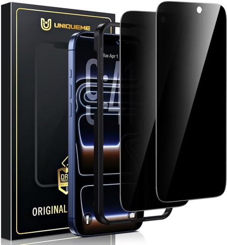 UniqueMe per iPhone 17 Pro Max Vetro Temperato Anti Spia - 2 Pezzi | Pellicola Protettiva Anti Spia per iPhone 17 Pro Max, Film Anti Impronte, Antigraffi, con Telaio Allineatore