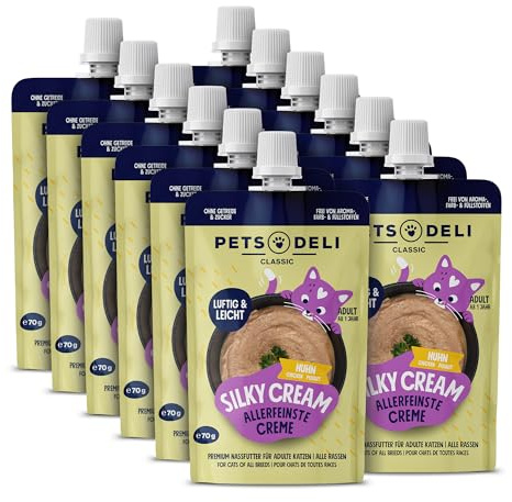 Pets Deli Silky Cream Nassfutter für Katzen mit Huhn, 12x70g | Viel Huhn & extra Brühe, besonders weich auch bei sensiblen Zähnen, getreidefrei, ohne Zucker, Premium Qualität