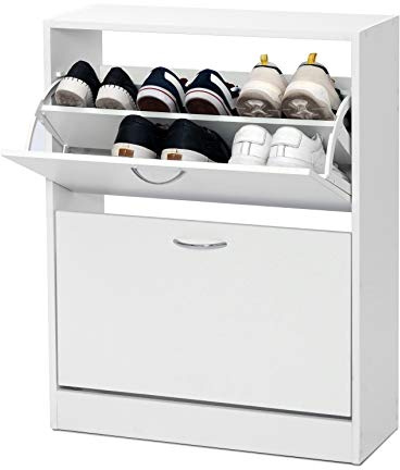 Meerveil Schuhschrank aus Holz, 2 Schubladen, Schuhschrank aus Holz, 2 Ebenen, moderner Schuh-Organizer für Flur, Wohnzimmer, 63 x 24 x 81 cm (L x B x H), Weiß