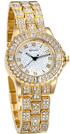 JewelryWe Damenuhr Elegant Armbanduhr Damen mit Strass Glitzer Römanische Ziffer Metallarmband Analog Quarz Uhr