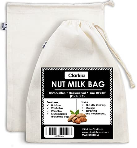 Clarkia Cotton Drawstring Nut Milk Bag Unbleached (10x12 inch) - 2 Piece, White
