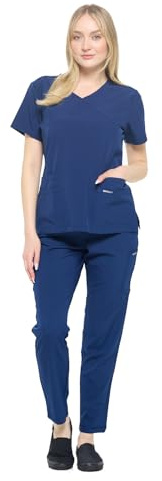 Dagacci Medical Uniform Women's Fitted 4-Way Stretch Y Neck Natural Stretch Scrub Set, Navy, XS