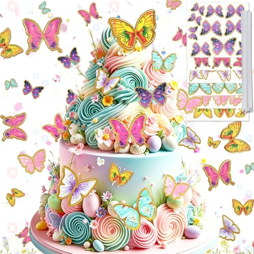 SUpoetry 60 Mariposas para Decoración de Tartas, Mariposas de Papel, Decoración para Tartas de Cumpleaños de Niñas, Adornos para Cupcakes de Mariposas de Diferentes Tamaños para Cumpleaños, 6 Colores