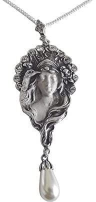 Dakota House Halskette 925 Silber Jugendstil Frau mit Pfau Perlmuttperlenabhängung