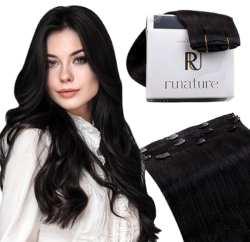 RUNATURE Clip in Extensions Echthaar Schwarz 30cm 3pcs 50g #1B | Echthaar Clip Extensions–hitzebeständig, doppelt gewebt, verhedderfrei. Unsichtbare Integration.