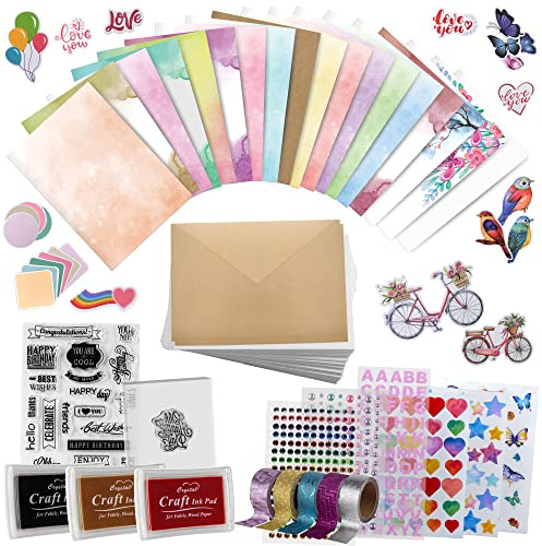 Kartenherstellungs-Sets für Erwachsene und Kinder, 24 Blanko-Grußkarten und Umschläge mit Zubehör und Stempel-Set, tolles DIY-Grußkarten-Set, Happy Birthday, Urlaub, Babyparty, Glückwünsche,