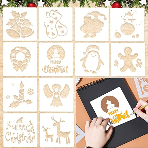 12 stycken julritmallar, julstenciler set, ritstenciler målarmallar, gör-det-själv presentkort, återanvändbar gör-det-själv scrapbooking, presenter jul barn