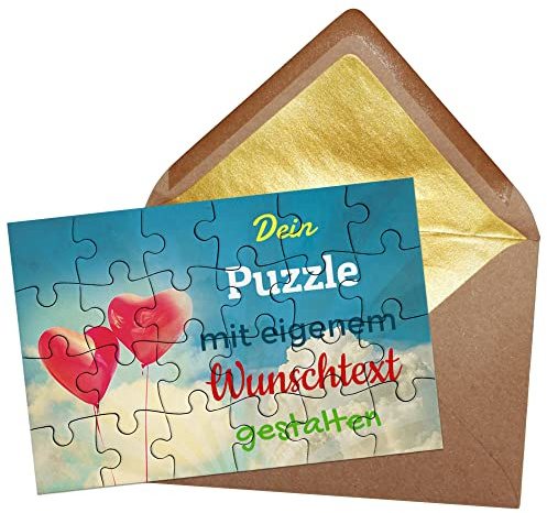Puzzle selbst gestalten mit Text - 24 Teile Puzzle Personalisieren mit Wunschtext, inkl. Briefumschlag mit Gold-Inlay | Hintergrund Herz Luftballons