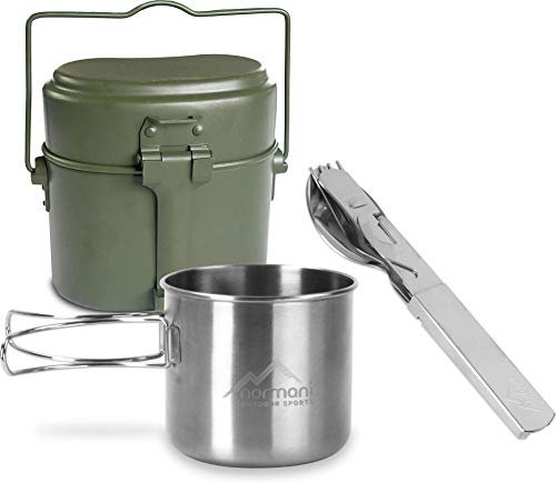 Essgeschirrset Bundeswehr Kochgeschirr + BW-Besteck mit Flaschen- und Dosenöffner + Edelstahltasse mit Klappgriffen 500 ml - rostfreier 18/8 Stahl Olive OneSize