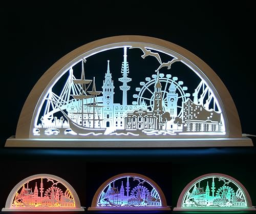 Schlick & Türk Stadtlicht LED Schwibbogen Hamburg- Stadtmotiv - 69cm - Feine Handarbeit aus dem Erzgebirge - Weihnachten erzgebirgischer Lichterbogen