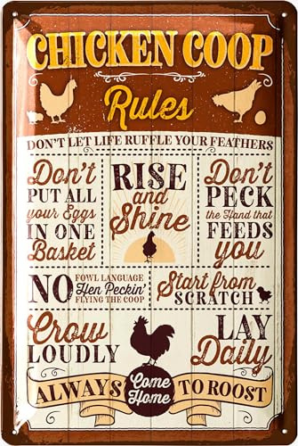LANOLU Retro Blechschild Hühnerstall-Regeln, Bauerngarten Deko, Hühner Schild, Geschenk für Hühnerliebhaber, Lustige Hühner Geschenke, Hühnerstall Zubehör, 20x30cm