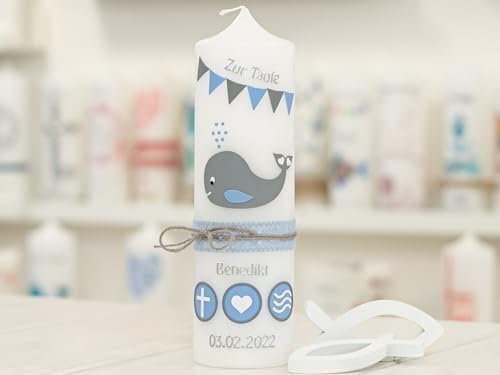 meinkerzenshop Taufkerze Benedikt personalisiert mit Name und Datum, individuell und mit Echtwachs handverziert für Junge und Mädchen