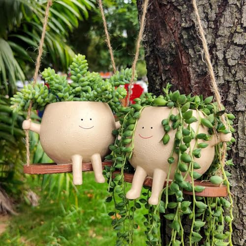 ALINUOYQ Paquete de 2 macetas colgantes de cara oscilante para interiores y exteriores, maceta de resina con cara sonriente para cadena de perlas, plantas suculentas, macetas de pared, macetas