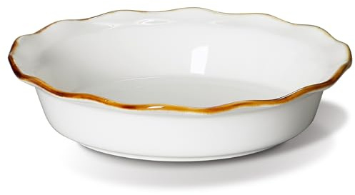 ONEMORE 9-Inch Deep Dish Pie Pan - Ceramic Pizza Pan for Oven, Baking Chicken Pot Pie, Quiche & Tarts - Rustic White Dish for Perfectly Crispy Crust, Large Ruffled Baking Plate