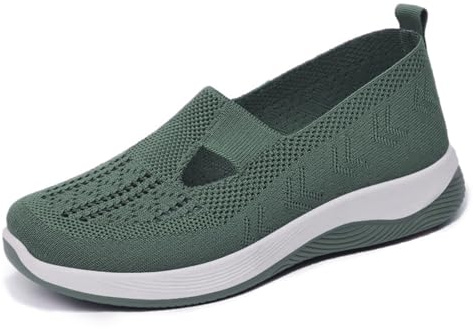 Women's Comfort Walking Shoes, Woven Lightweight Breathable Orthopedic Sneakers with Soft Sole, Arch Support and Stretch Fit Green