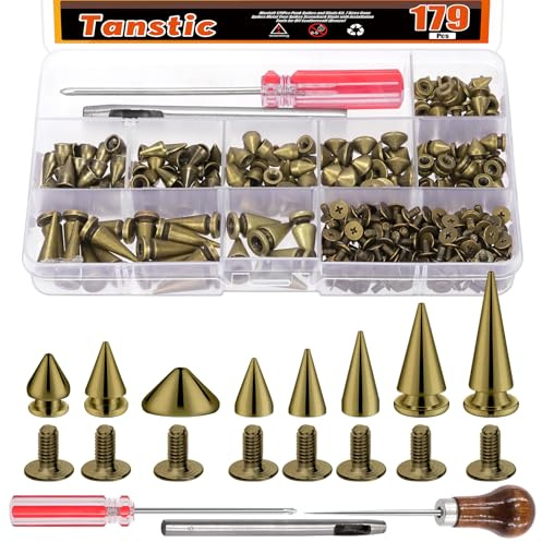 Tanstic 176 Sets Punk Spikes und Studs Kit, 8-Größen Kegel Spikes Screwback Studs Metall Baum Spikes für Leder Punk Style Kleidung Zubehör (Bronze)
