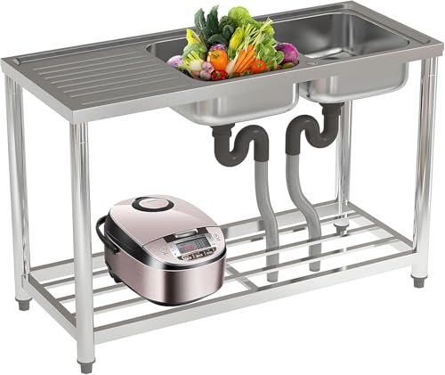 FIDOOVIVIA Commercial Restaurant Sink, Double Bowl, Stainless Steel with Storage Shelf, Outdoor/Bar Sink 120x50x80cm