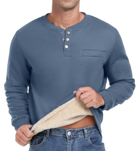Sailwind Henley-tröjor för män med plysch våffellångärmad t-tröja, varma termiska toppar, ledig vintertröja, tröja för män, blå, S