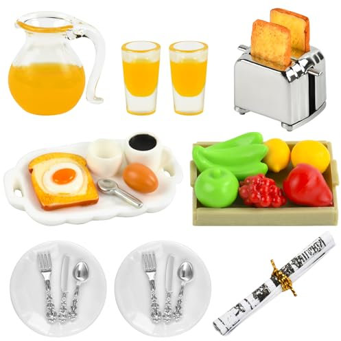 Puppenhaus Zubehör, 1/12 Miniatur Lebensmittel 28 Stück Miniatur Wichtel Zubehör Mini Food Küche Puppenhaus mit Obst Milch Brotmaschine Kaffee, Frühstück Puppenhaus Zubehör Küche