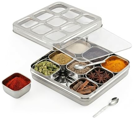 STL Masala Dabba (Spice Box) | Authentic Indian Style Stainless Steel Masala Dabba | with 9 Removable Compartments & 2 Spoons | See through Lid | See through additional Inner protection | 23.5 cm