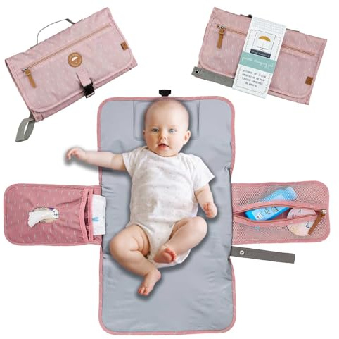 Wickelunterlage für Unterwegs mit vielen Fächern für Feuchtücher, Windeln, Pflegecreme und mehr. Inkl. Kopfkissen (Rosa)