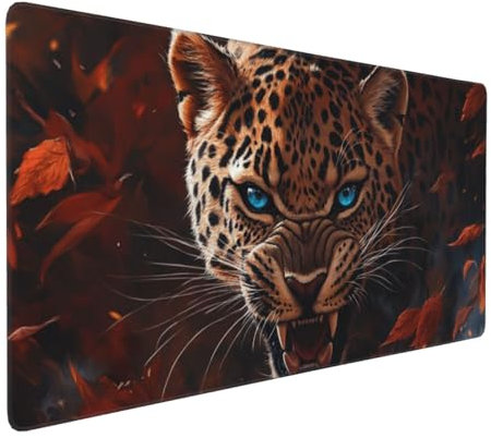 Gaming Mauspad XXL Leopard Mousepad 1000x500x4mm Blätter Verlängertes Mauspad Schreibtischauflage,Genähte Kanten Mauspad,Verbessert Präzision Geschwindigkeit Wasserdicht Geeignet für Büro und Spiele