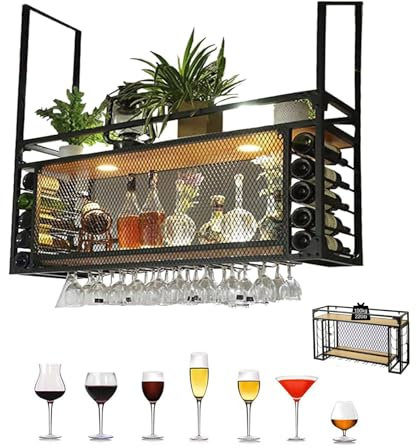 Moderno estante de vino de metal negro al revés, elegante soporte para copas de vino colgante de hierro para bares, restaurantes y cocinas, decoración de techo de altura ajustable (30 60 cm) con luces