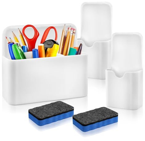 NEWJEK 3 Stück Magnetischer Stiftehalter, Stiftehalter Magnetisch mit 2 Stück Whiteboard Schwamm, Whiteboard Zubehör, Magnetisch Markerhalterung für Kühlschrank Schule Büro (Weiß)