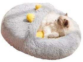 Galatée Katzenbett, Süßes Katzenhöhlenbett, Versteck Für Hauskatzen, Rundes Beruhigungsbett Mit Kapuze Für Kleine Hunde, Waschbares Luxus-Katzen-/Hundebett, Beruhigungsbett Für Katzen(L, Grau)