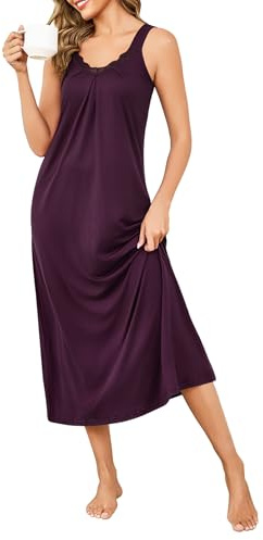 Uniexcosm Nachthemd Damen Ärmelloses Schlafshirt Lang Schlafhemd Spitze V-Ausschnitt Nachtwäsche Sexy rutschfeste Schultergurte Baumwolle Nachtkleid