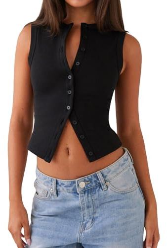 Women Button Down Tank Tops Casual Summer Solid Sleeveless Crop Shirt Basic Vest Aesthetic Clothes Streetwear (Black, S)