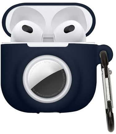 kwmobile Custodia 2 in 1 compatibile con Apple Airpods 4 e AirTag - Cover Cuffie Bluetooth - Protezione in Silicone con Moschettone - blu scuro