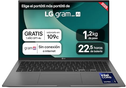 LG gram 16ZD90T-G.AX78B Ordenador Portátil 16 Pulgadas Intel Core Ultra7 255H, 16 GB RAM, 1TB SSD, Panel IPS Antirreflejo, WQXGA, 1.119 g, 22.5 Horas, FreeOS, Negro, Teclado QWERTY Español