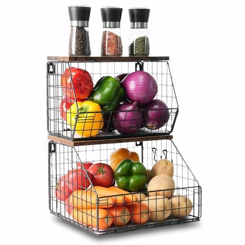 2 Pack Small and Large Vegetable Rack,Wall Mounted Fruit Basket for Kitchen,Countertop,Vegetable Rack for Kitchen,Hanging Veg Baskets, Black Wire Basket,Stackable Fruit And Veg Storage for Bread