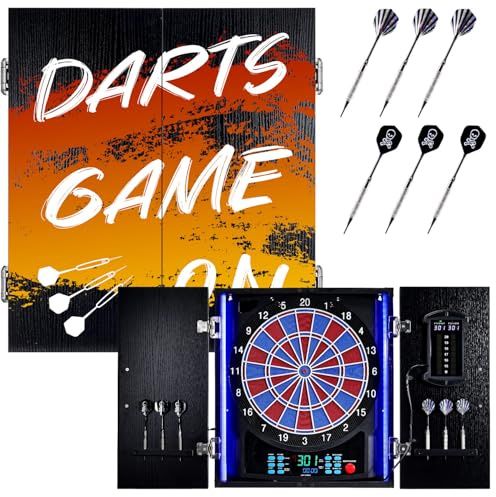 Yirinatek Dartscheibe Elektronisch, Dekoratives Elektronische Dartscheibe Schrank [6 Bronze Soft-Tip Pfeile], Eigene Lichtfarbe for Jeder Spieler, Profi E Dart Scheibe mit Holzschranktüren - Graffiti