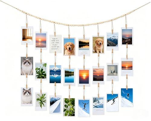 HZHSSG Espositore per Foto da Appendere con Mollette, Ghirlanda Boho con Perline in Legno con 28 Mollette in Legno per Foto, Decorazione da Parete per Camera da Letto, Soggiorno, Ufficio, Dormitorio