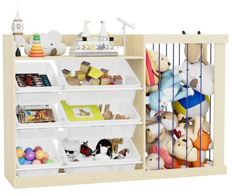 KEEPREAPER 2 in 1 Kinderregal mit 6 Aufbewahungsbox aus Kunststoff und offenem Fach, Spielzeugtruhe aus Holz, Spielzeug Aufbewahrung, Spielzeugregal für Kinderzimmer, 122x34x80cm (Natur)