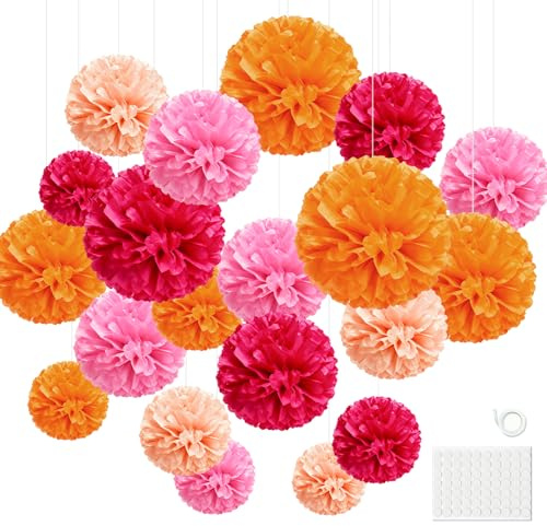 Hexizexi 20 Stück Rosa Seidenpapier Pompons Orange Papier Pompoms Deko | Tissue Paper Pom Poms für Hochzeitsdekoration Gartenparty Deko Festliche Dekorationen Geburtstage Party und Tischdeko