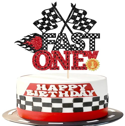 1 Stück Fast One Cake Topper Glitzer Renn Auto Kuchen Deko Rennen Thema Geburtstag Tortendeko für Erster Geburtstag Party Kuchen Dekoration Schwarz Rot
